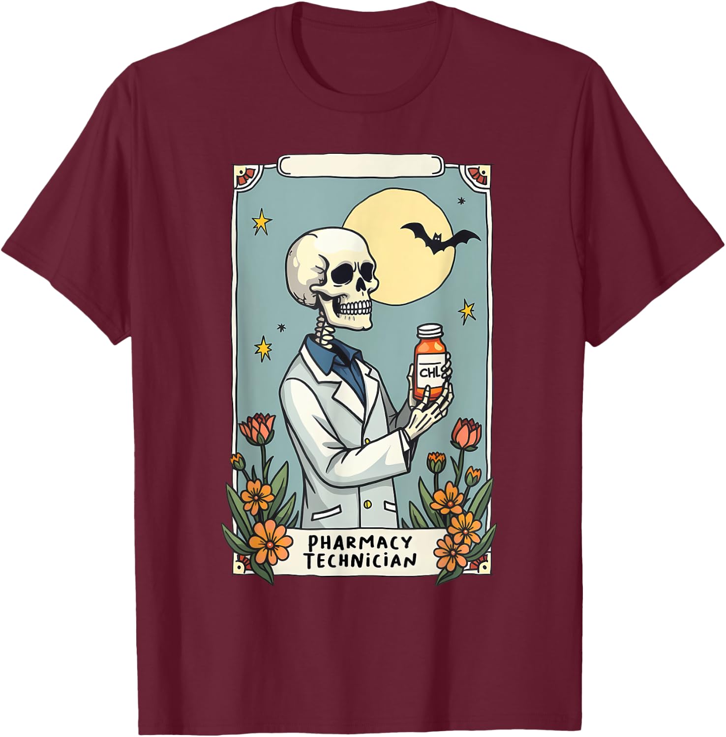 Floral Skeleton Skeleton Tarot Card Pharmacy Technician T-Shirt - T-Shirt | Maroon