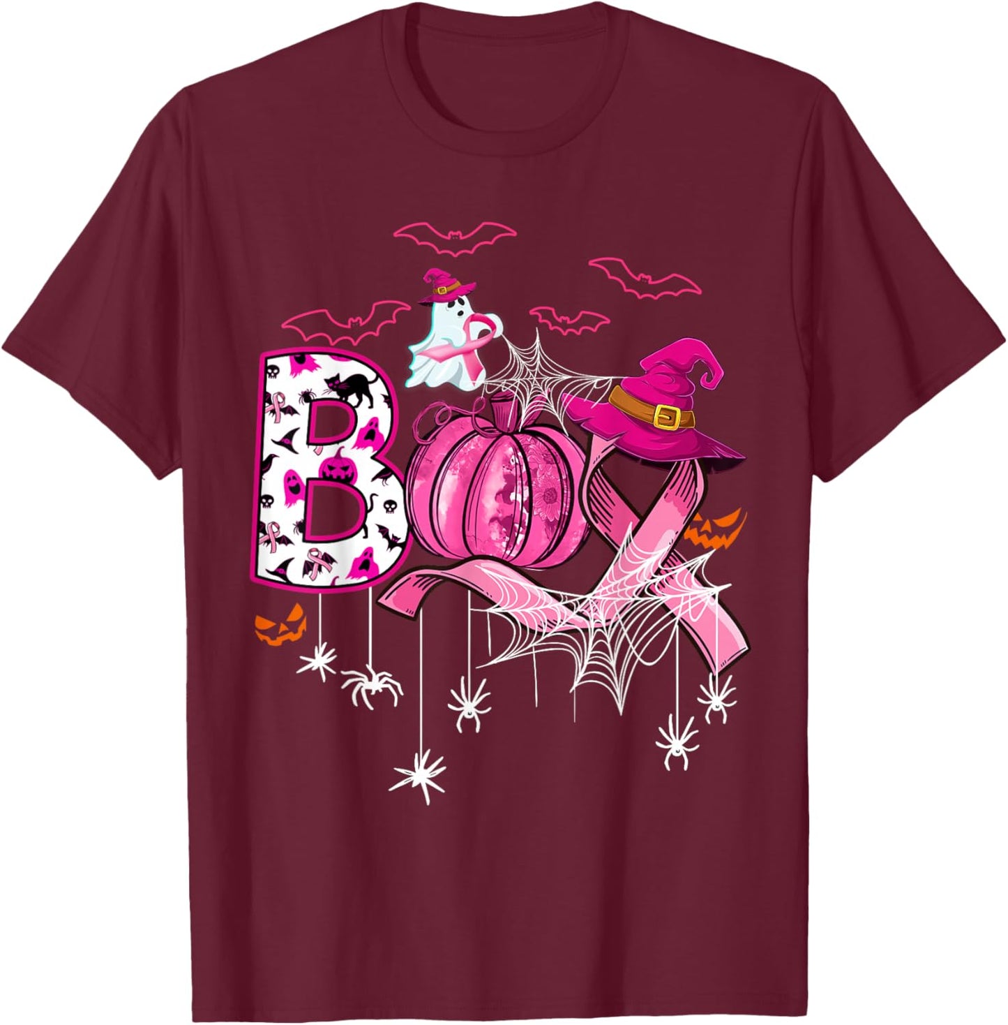 Boo Halloween Pumpkin Pink Ribbon Witch Breast Cancer T-Shirt - T-Shirt | Maroon