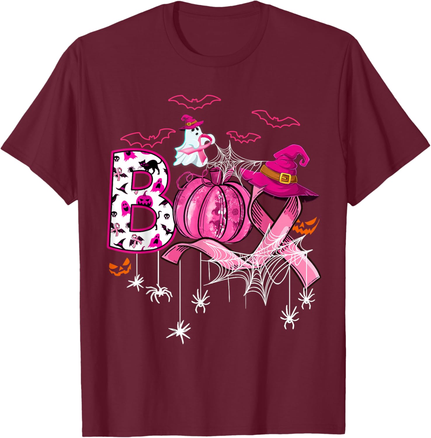 Boo Halloween Pumpkin Pink Ribbon Witch Breast Cancer T-Shirt - T-Shirt | Maroon