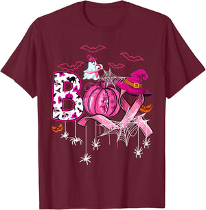 Boo Halloween Pumpkin Pink Ribbon Witch Breast Cancer T-Shirt - T-Shirt | Maroon