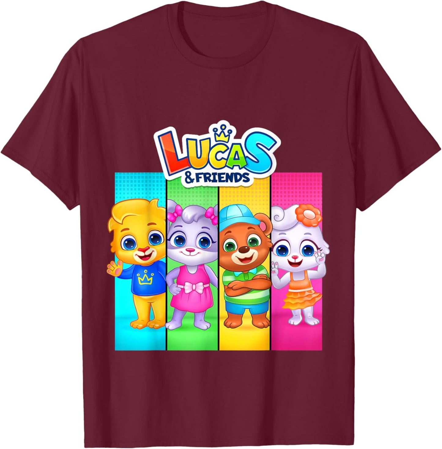 RV AppStudios Lucas and Friends Group Shot Panels T-Shirt - T-Shirt | Maroon