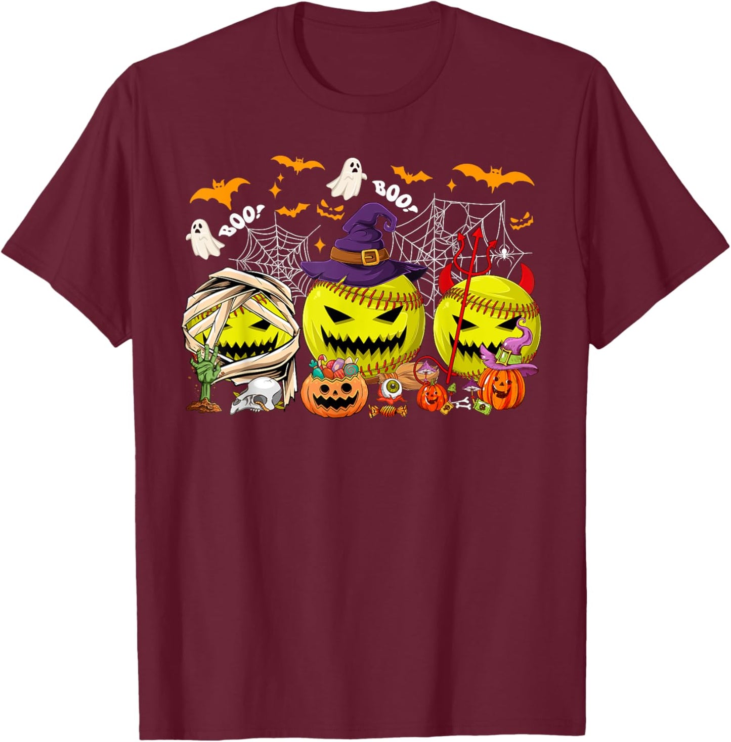 Funny Mummy Witch Devil Softball Balls Happy Halloween Day T-Shirt - T-Shirt | Maroon