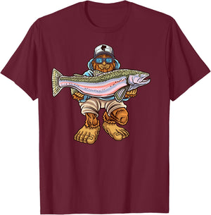 Steelhead Fishing Bigfoot Trout River Fisherman T-Shirt - T-Shirt | Maroon