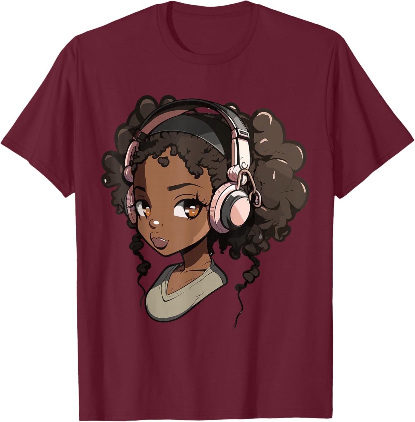 Anime and Music Black Girl Anime Merch Afro African American T-Shirt - T-Shirt | Maroon