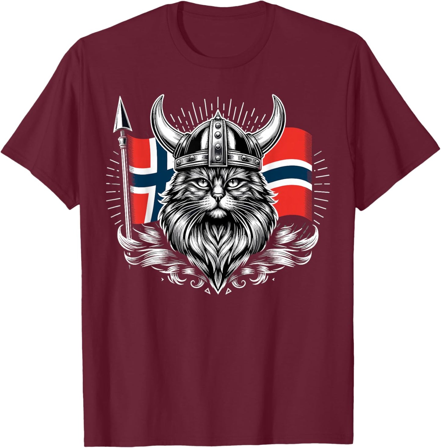 Viking Cat Norwegian Flag Norway Cat , Black, S T-Shirt - T-Shirt | Maroon