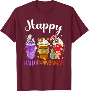 Happy Hallothanksmas Halloween Thanksgiving Christmas Fall T-Shirt - T-Shirt | Maroon
