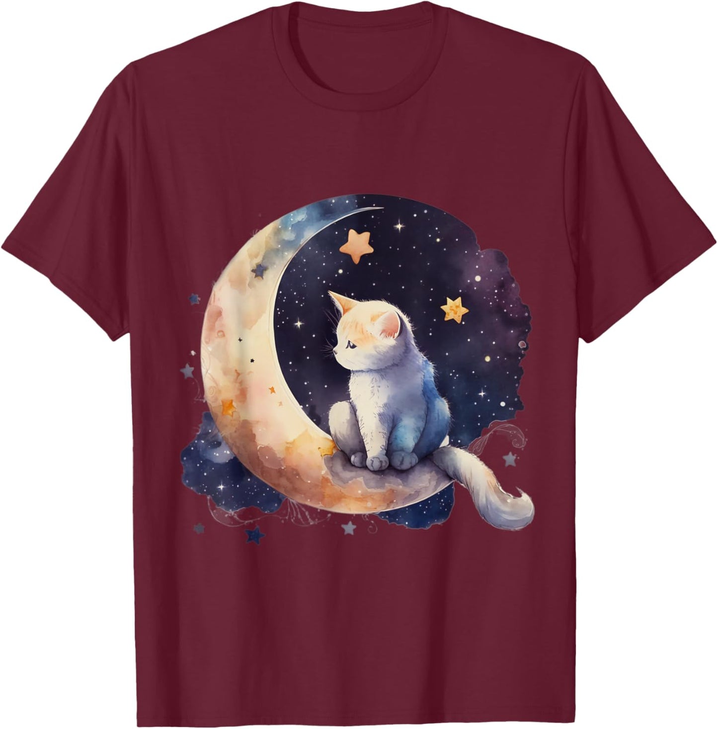 Cute Cat Crescent Moon Phases Purple Star Night Kawaii Cat T-Shirt - T-Shirt | Maroon