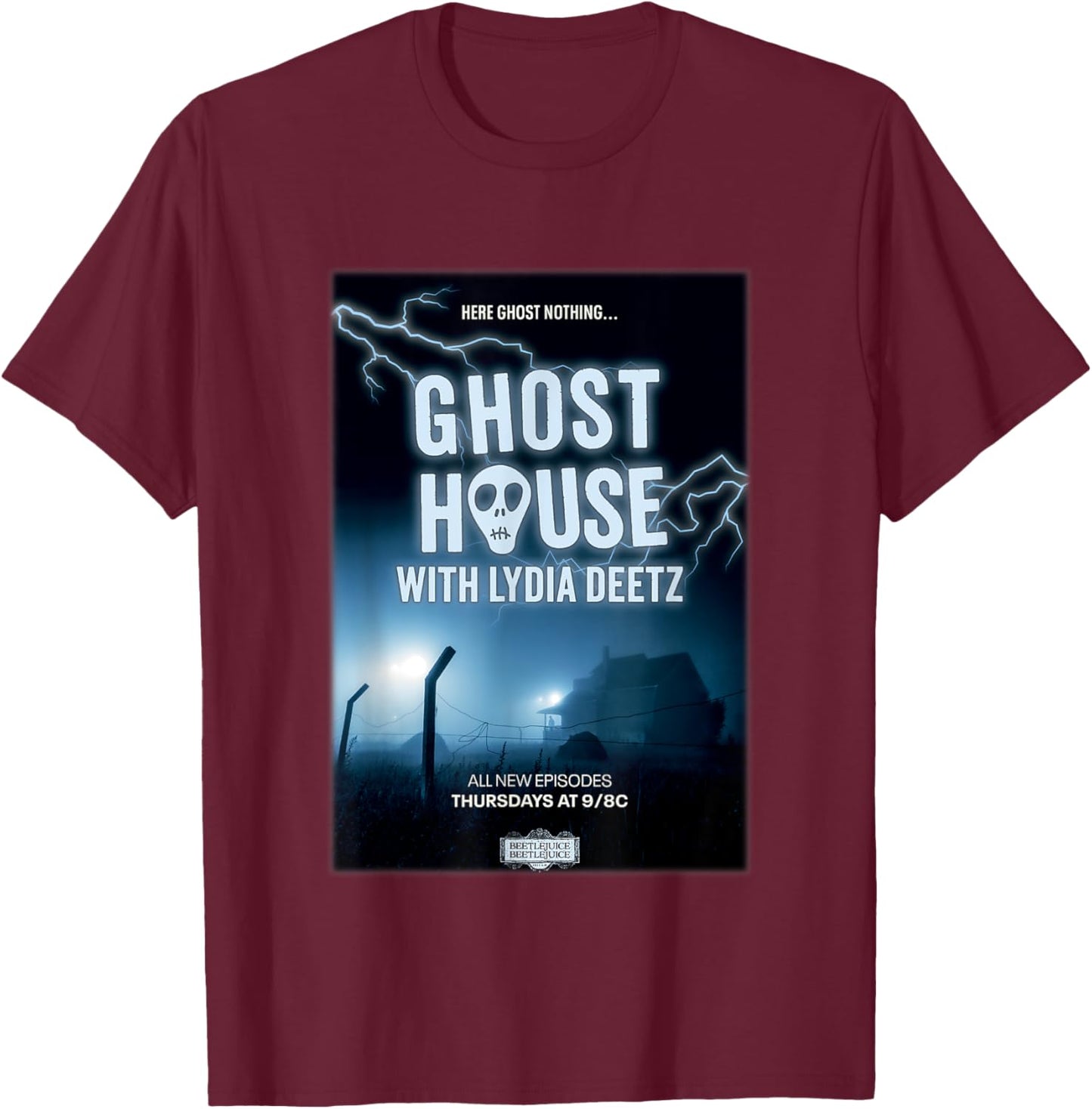 Beetlejuice Beetlejuice Ghost House With Lydia Deetz Poster T-Shirt - T-Shirt | Maroon