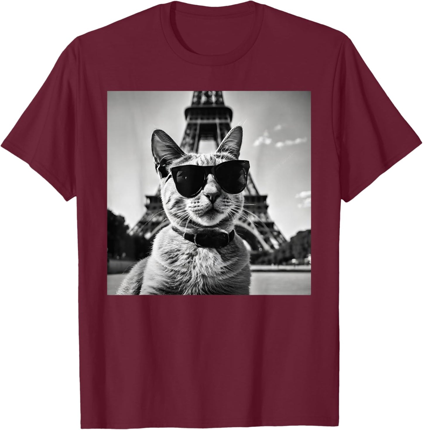 Funny French Cat Wearing Sunglasses and Paris Eiffel Tower T-Shirt - T-Shirt | Maroon