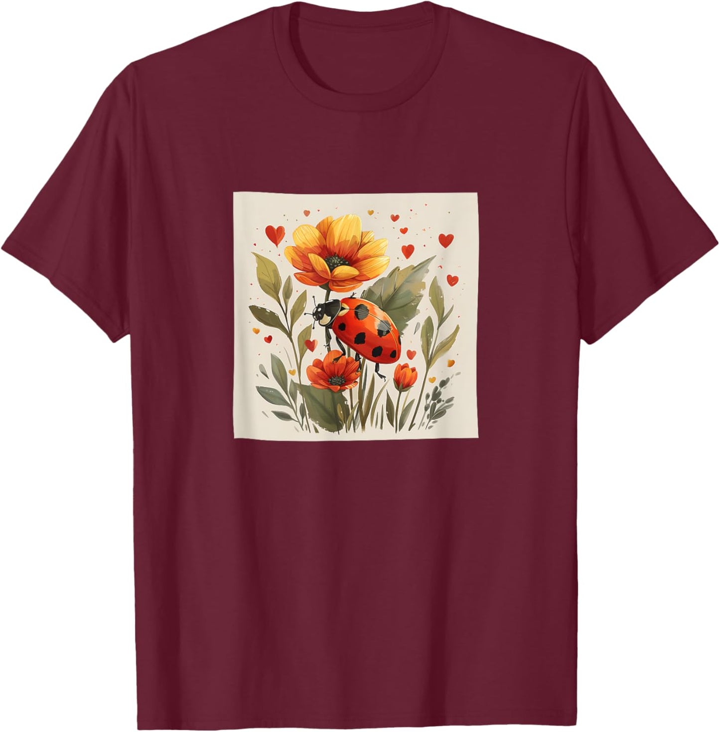 Ladybug Flowers With Hearts Around Boho Style Graphic T-Shirt - T-Shirt | Maroon