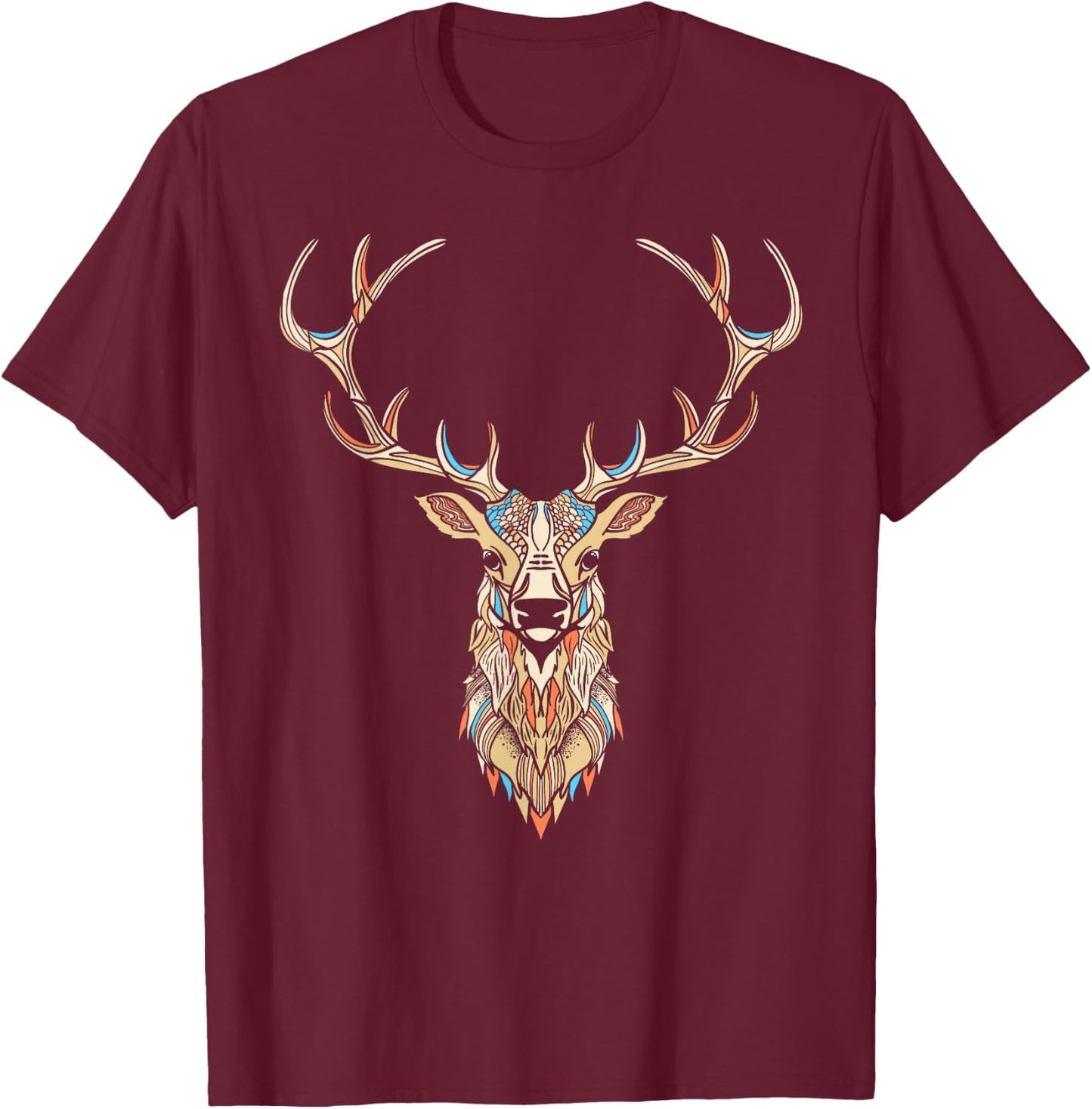 Elk Head/Face Artistic Illustration Graphic T-Shirt - T-Shirt | Maroon