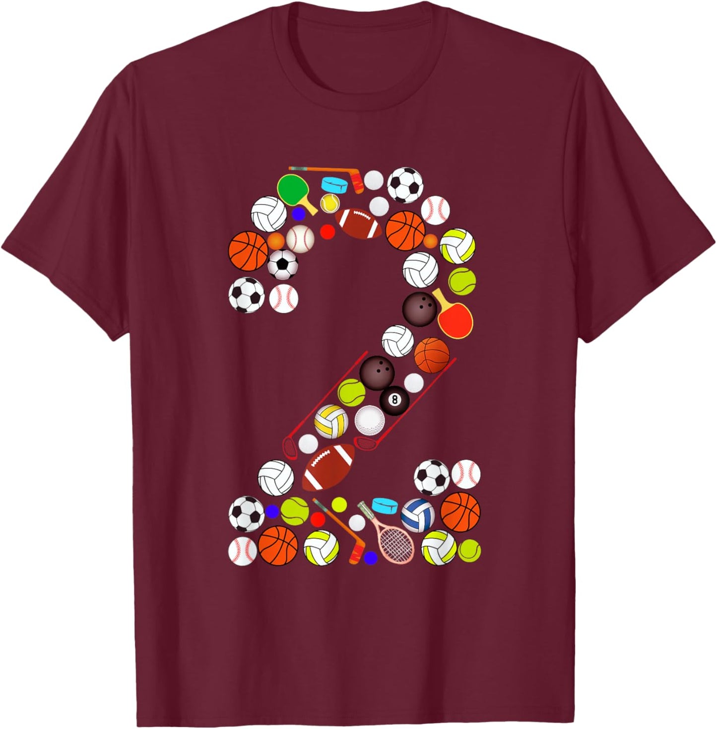 Kids 2nd Birthday Sports Big Number Two 2 Year Old Boy T-Shirt - T-Shirt | Maroon