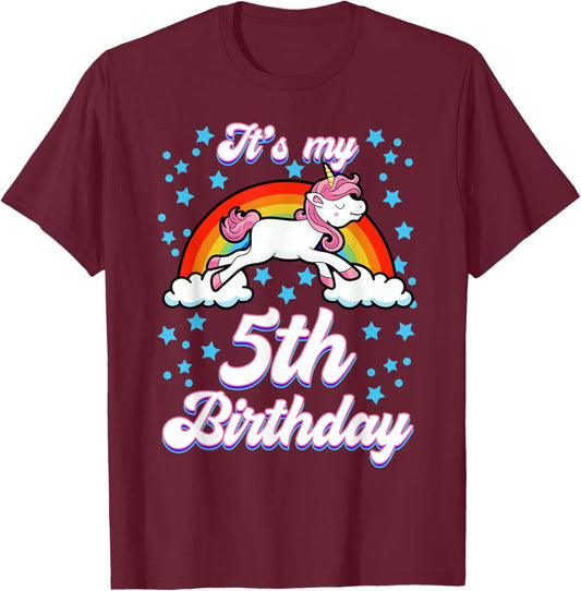 It's My 5th Birthday Unicorn Rainbow Bday Theme Party T-Shirt - T-Shirt | Maroon