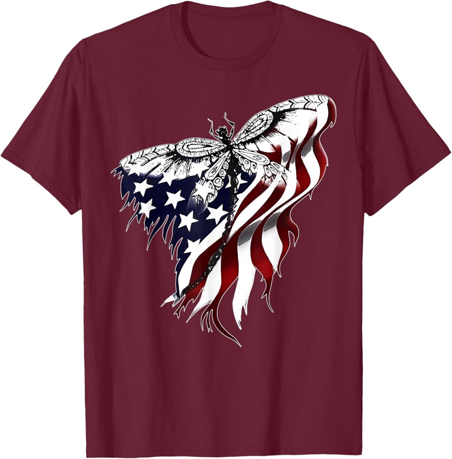 American Flag Dragonfly Patriotic 4th of July Red White Blue T-Shirt - T-Shirt | Maroon