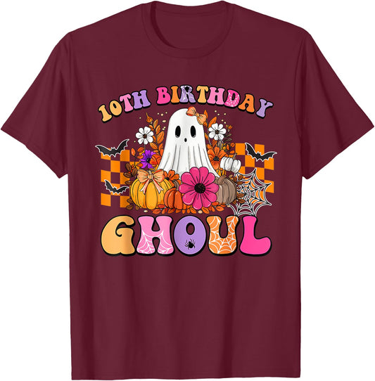 Halloween Ghoul 10 Year Old 10th Birthday Spooky Ghost T-Shirt - T-Shirt | Maroon