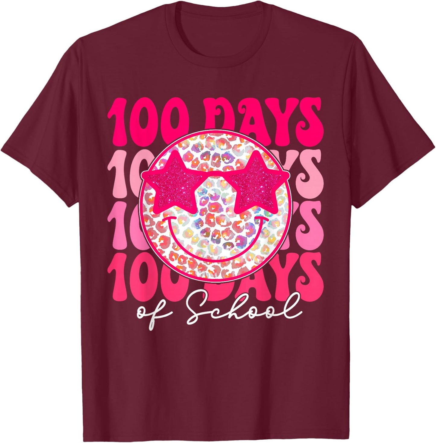 Retro Smile Face Pink Groovy Happy 100 Days of School Girls T-Shirt - T-Shirt | Maroon