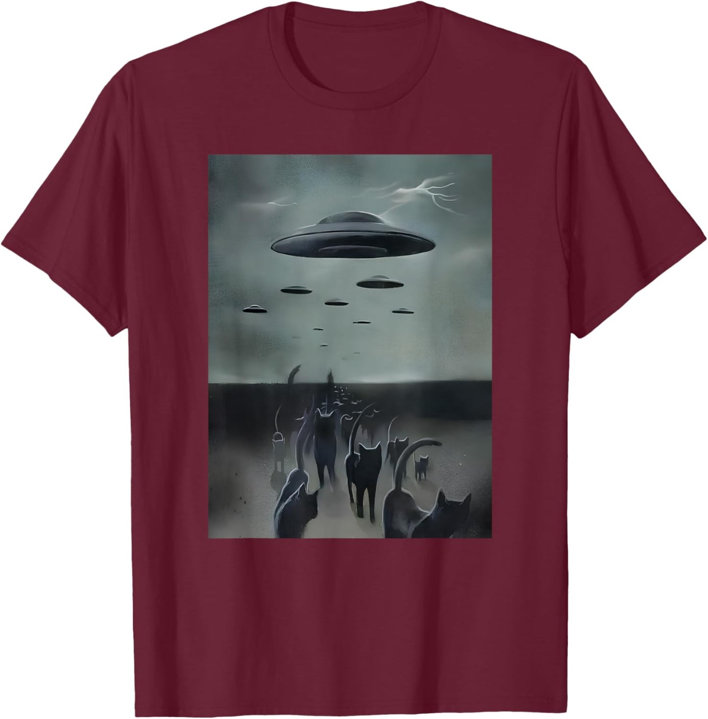 Cats Invasion With Alien UFO Funny Cats Women Kid , Small, Black T-Shirt - T-Shirt | Maroon
