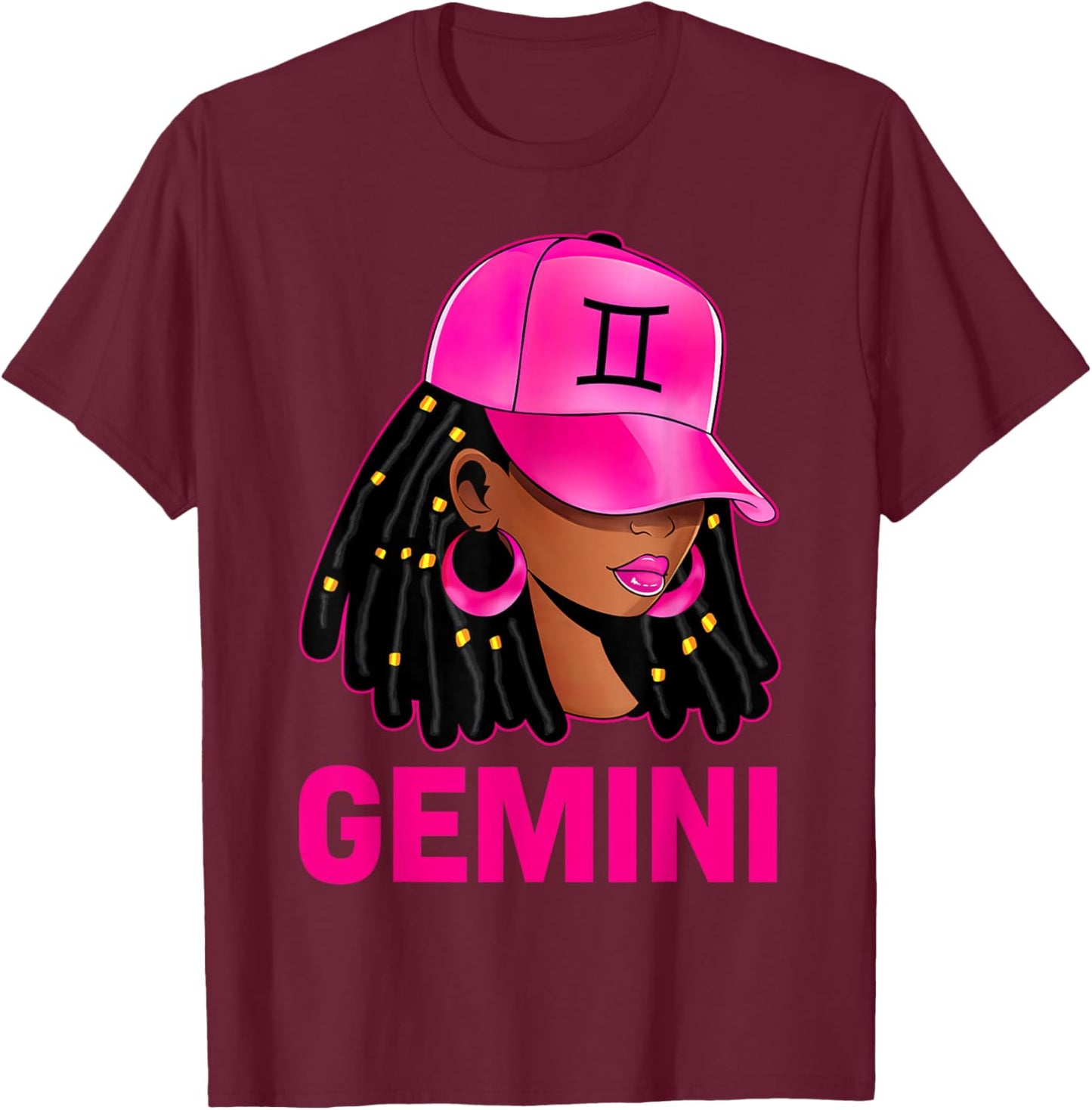 Gemini Queen Loc'd Hair Black Woman Cap Zodiac Sign T-Shirt - T-Shirt | Maroon
