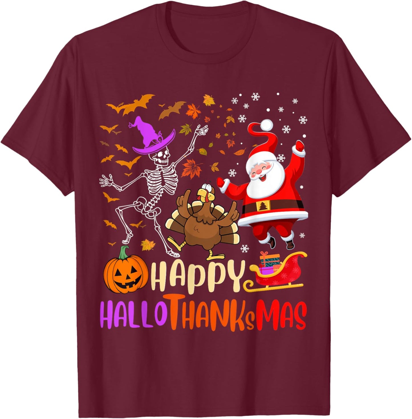 Happy Hallothanksmas Skeleton Pumpkin Turkey Santa Dancing T-Shirt - T-Shirt | Maroon