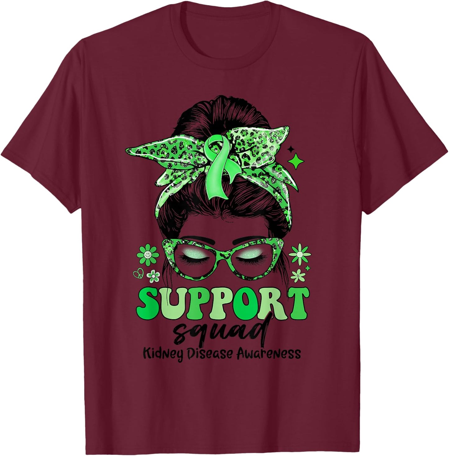 Groovy Support Squad Messy Bun Women Kidney Disease T-Shirt - T-Shirt | Maroon
