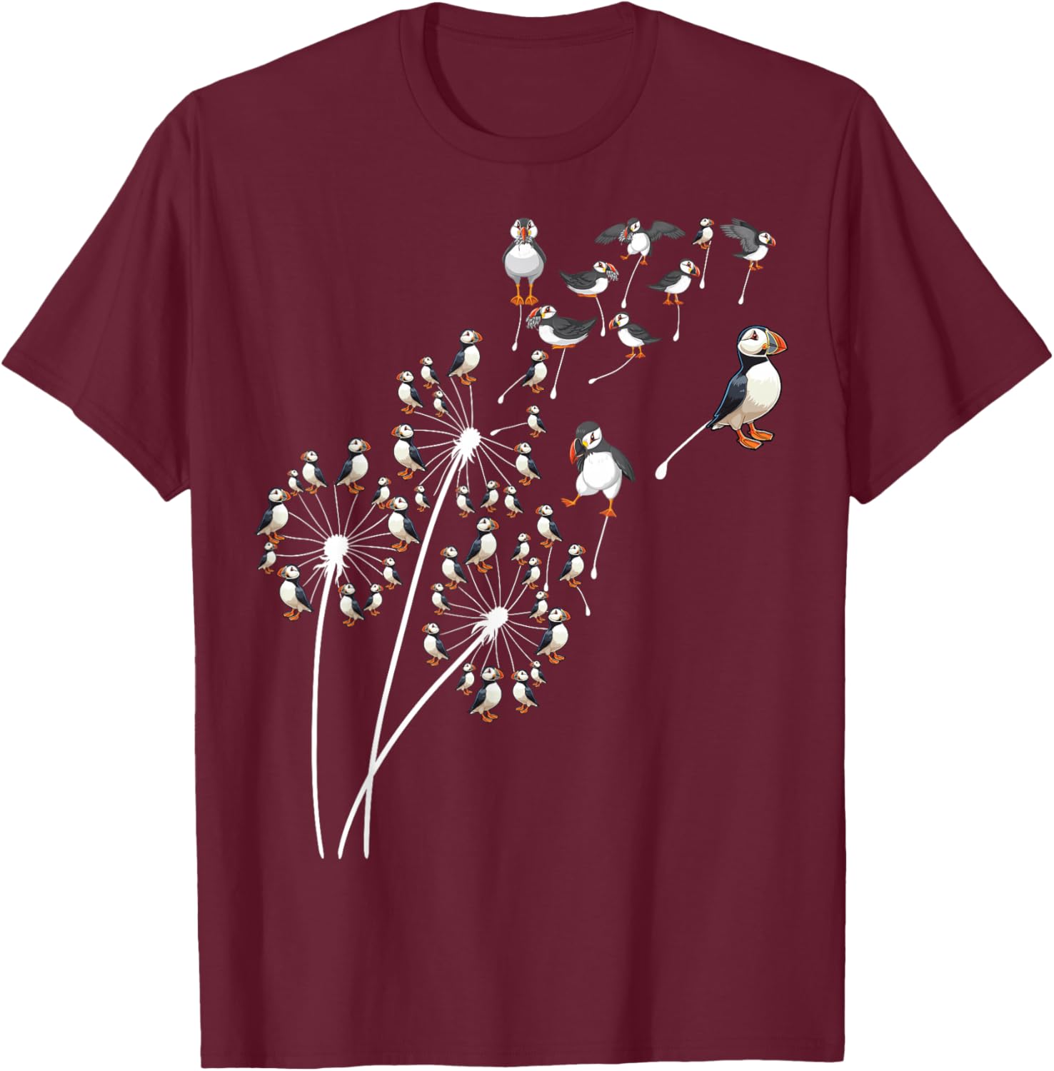 Dandelion Puffin Flower, Floral Puffin Tree T-Shirt - T-Shirt | Maroon