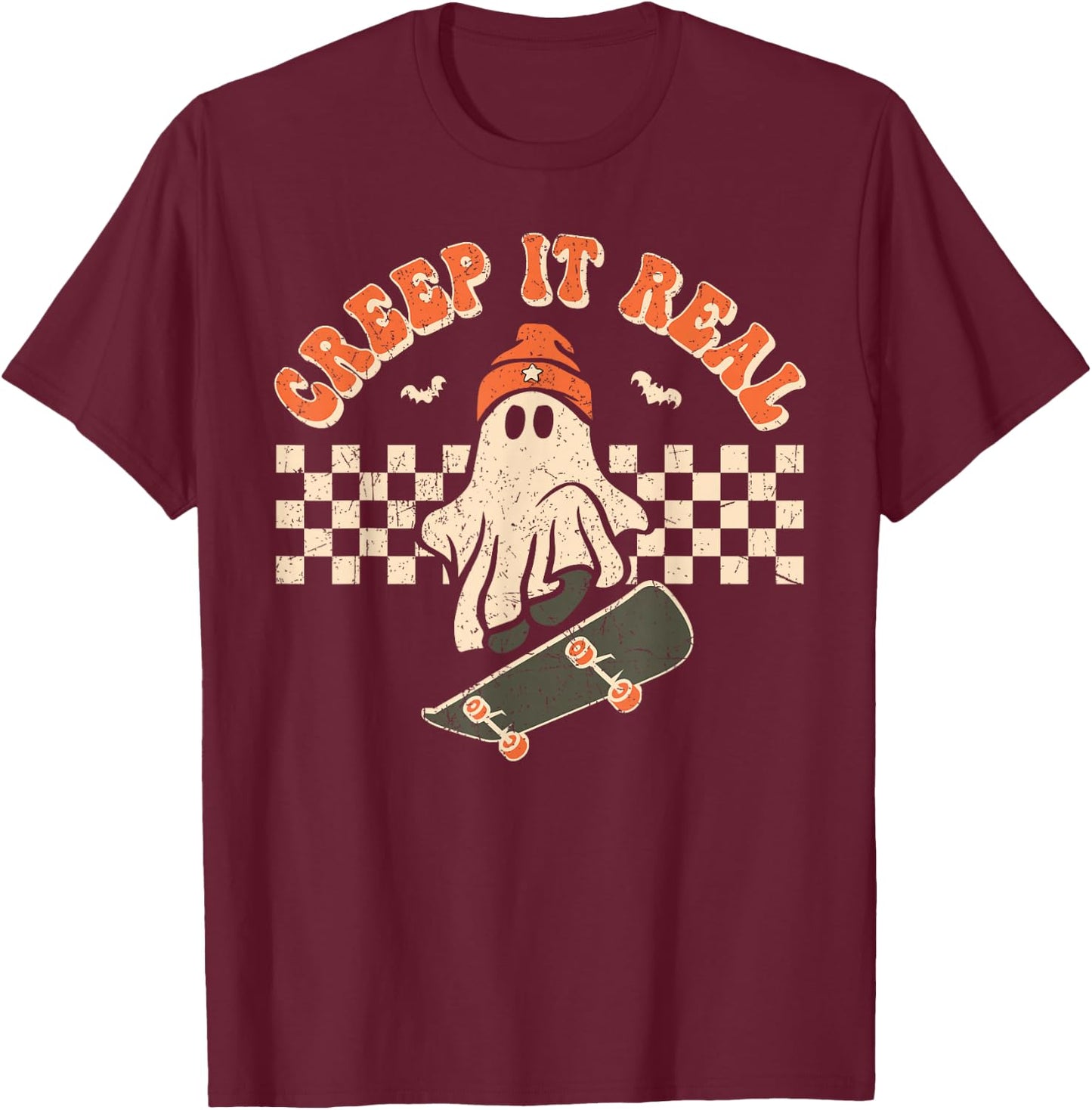 Retro Halloween Creep it Real Vintage Cute Ghost Halloween T-Shirt - T-Shirt | Maroon