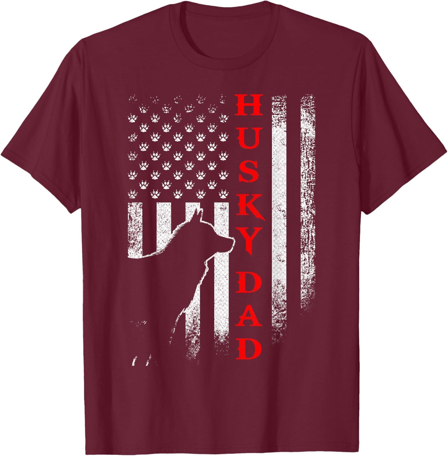 Vintage USA American Flag Siberian Husky Dog Dad Silhouette Women Men T-Shirt - T-Shirt | Maroon