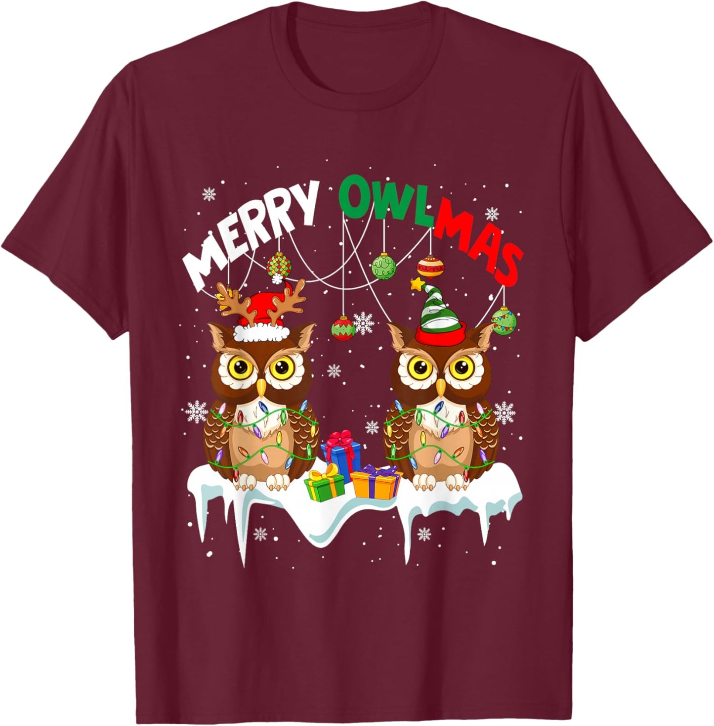 Merry Owlmas Two Santa Elf Owls Bird Lover Family Kids T-Shirt - T-Shirt | Maroon