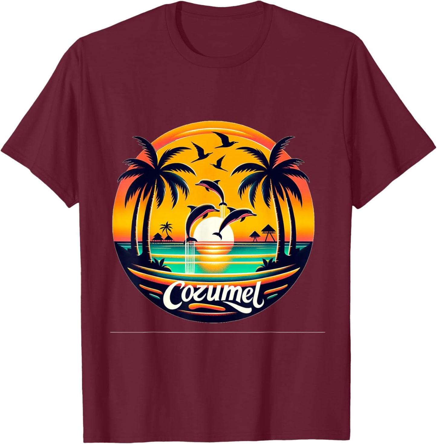 Cozumel Mexico with Dolphins and Sunset T-Shirt - T-Shirt | Maroon