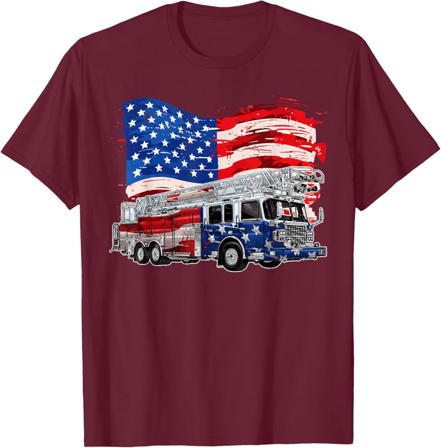 Retro Fire Truck Firefighter Fireman USA Flag 4th of July T-Shirt - T-Shirt | Maroon