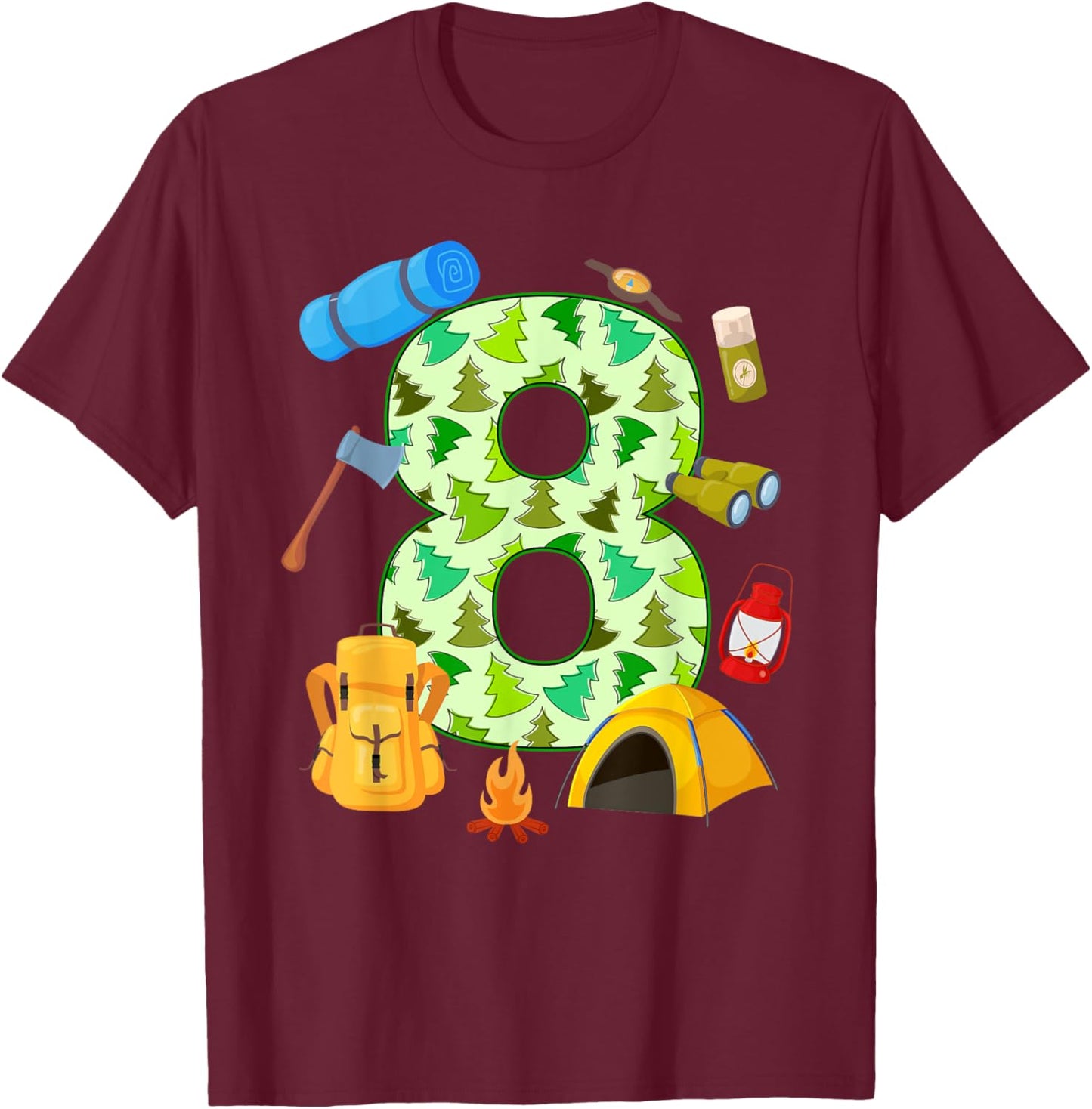 8th Birthday Camping Theme 8 Year Old Birthday Kids T-Shirt - T-Shirt | Maroon