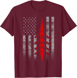 Cool Rowing Flag - Rowing Shell on American Flag T-Shirt - T-Shirt | Maroon