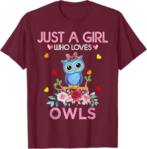 Owl Girls Kids Gift Just A Girl Who Loves Owls T-Shirt - T-Shirt | Maroon