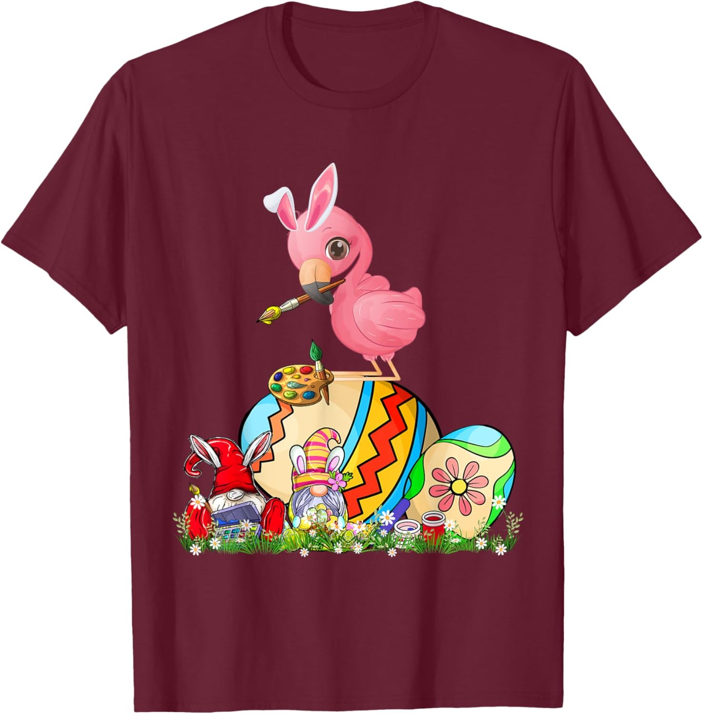 Easter Bunny Flamingo With Gnomes Painting Chocolate Eggs T-Shirt - T-Shirt | Maroon