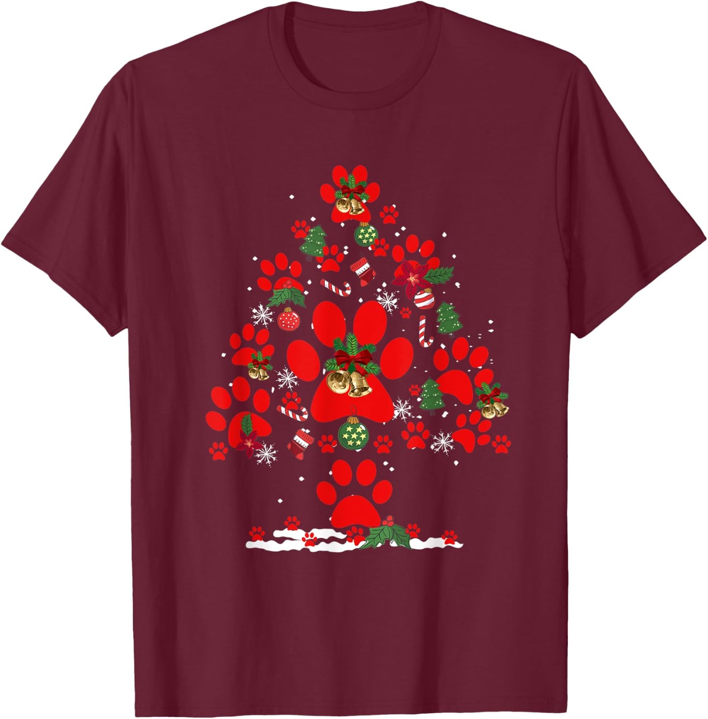 Paws Print Christmas Tree Dog Cat Women Kids T-Shirt - T-Shirt | Maroon