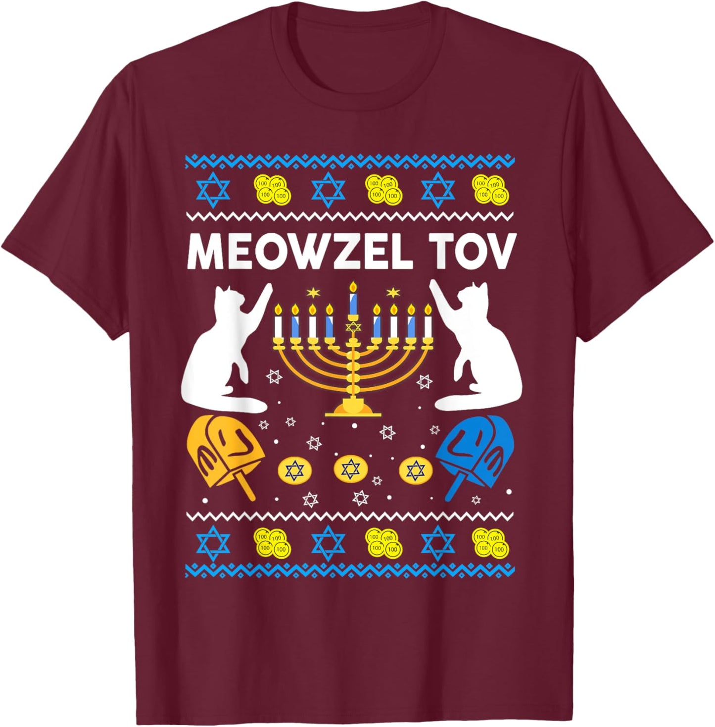 Jewish Cat Shirt Hanukkah Meowzel Tov Chanukah Girl Women T-Shirt - T-Shirt | Maroon