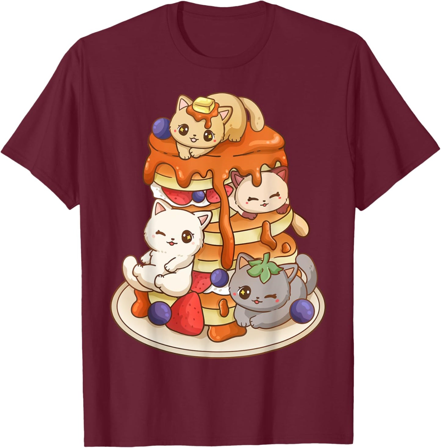 Cat Pancake Stack Kawaii Anime Cat Funny T-Shirt - T-Shirt | Maroon