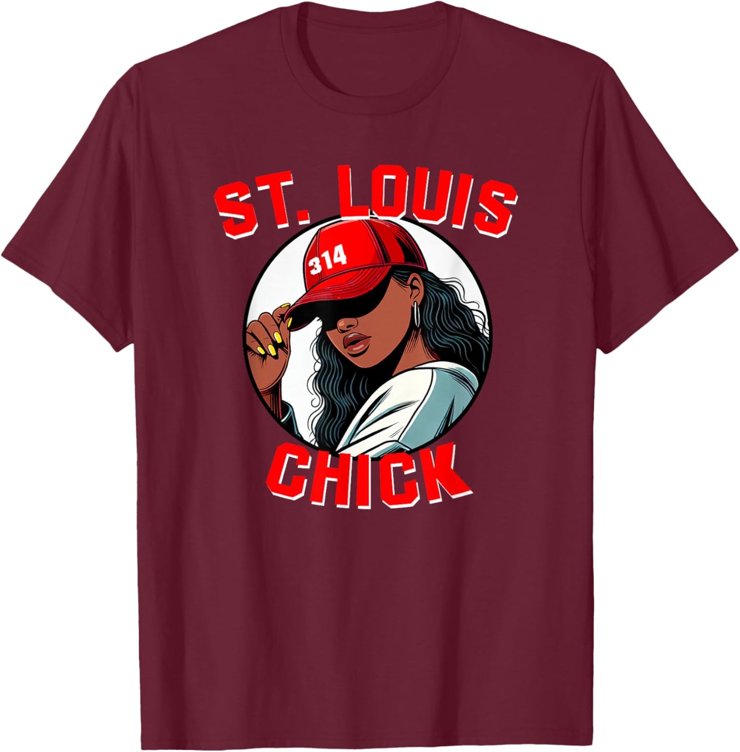 St. Louis Chick 314 Black Woman Red Hat T-Shirt - T-Shirt | Maroon