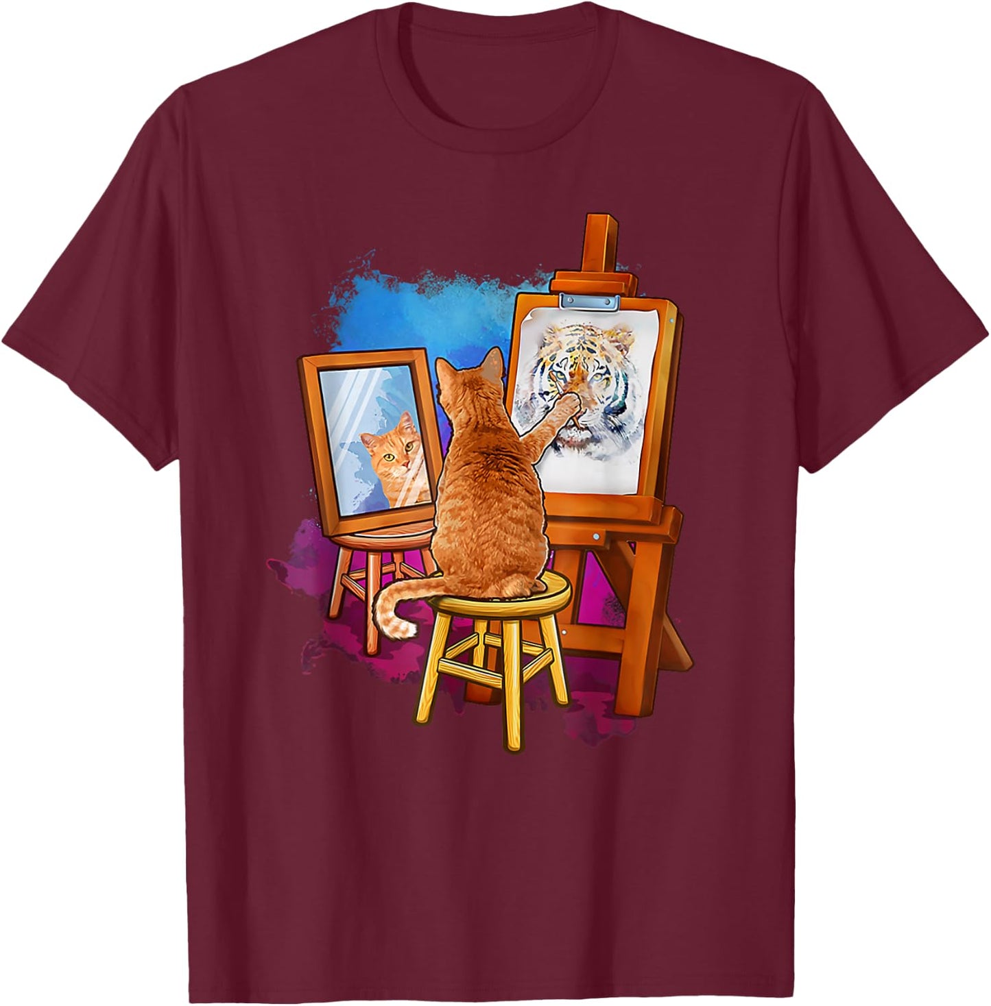 Cat paints self-portrait as a tiger T-Shirt - T-Shirt | Maroon