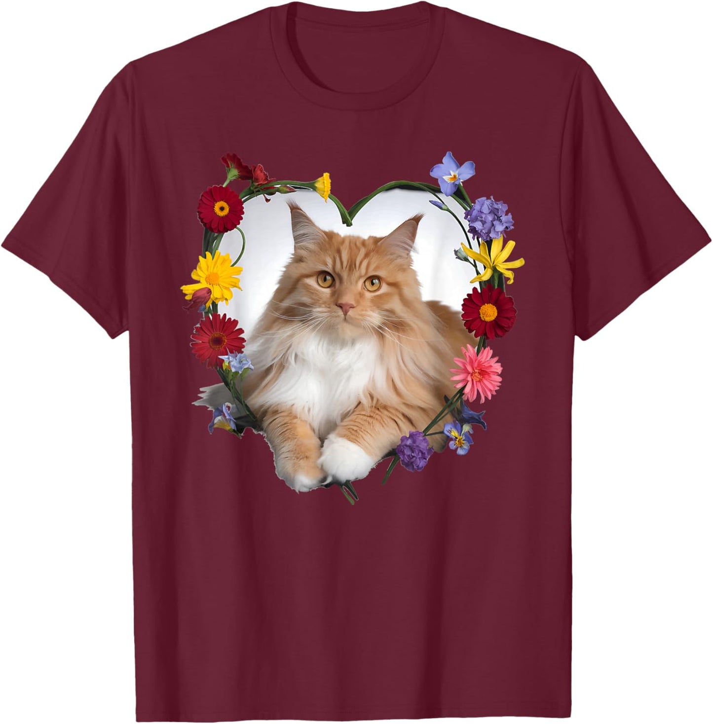 Orange Maine Coon Cat Pet Lover Heart Valentine T-Shirt - T-Shirt | Maroon