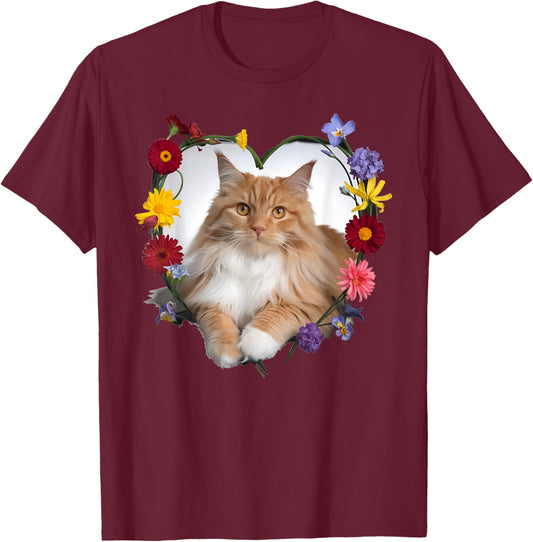 Orange Maine Coon Cat Pet Lover Heart Valentine T-Shirt - T-Shirt | Maroon