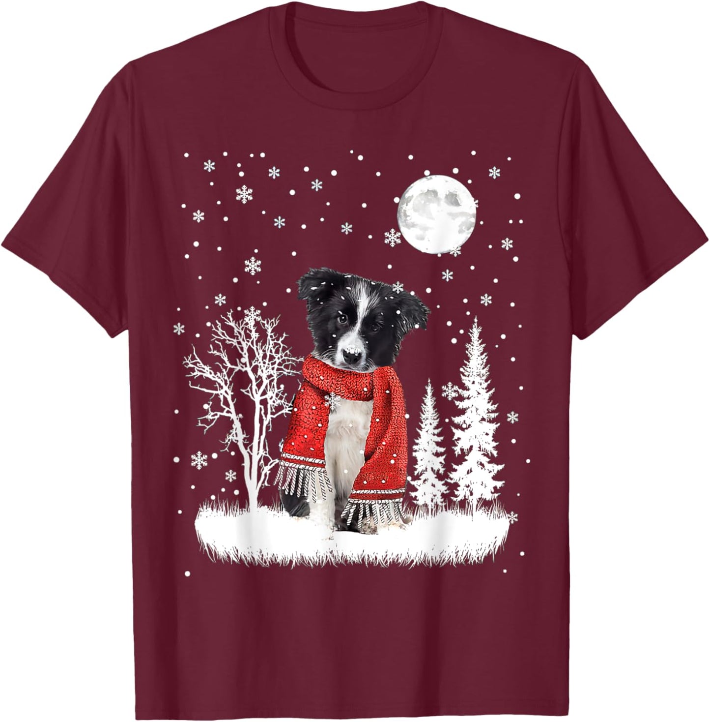 Border Collie Under Moonlight Snow Christmas Pajama T-Shirt - T-Shirt | Maroon