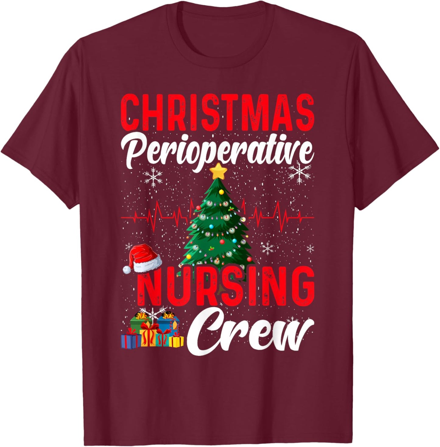 Perioperative Nurse Pre op Nursing Christmas Crew Surgery T-Shirt - T-Shirt | Maroon