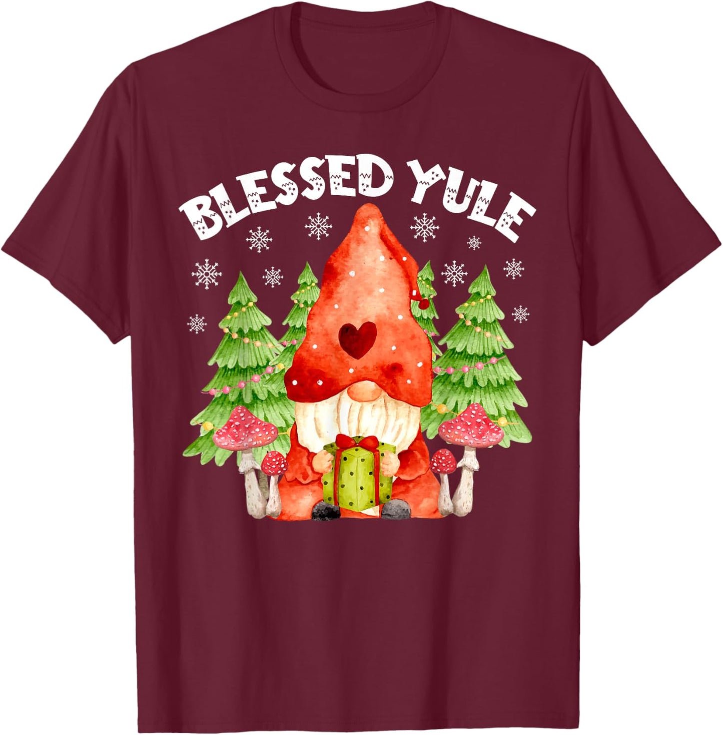 Blessed Yule Snowflakes and Gnome Cute Christmas Day Apparel T-Shirt - T-Shirt | Maroon