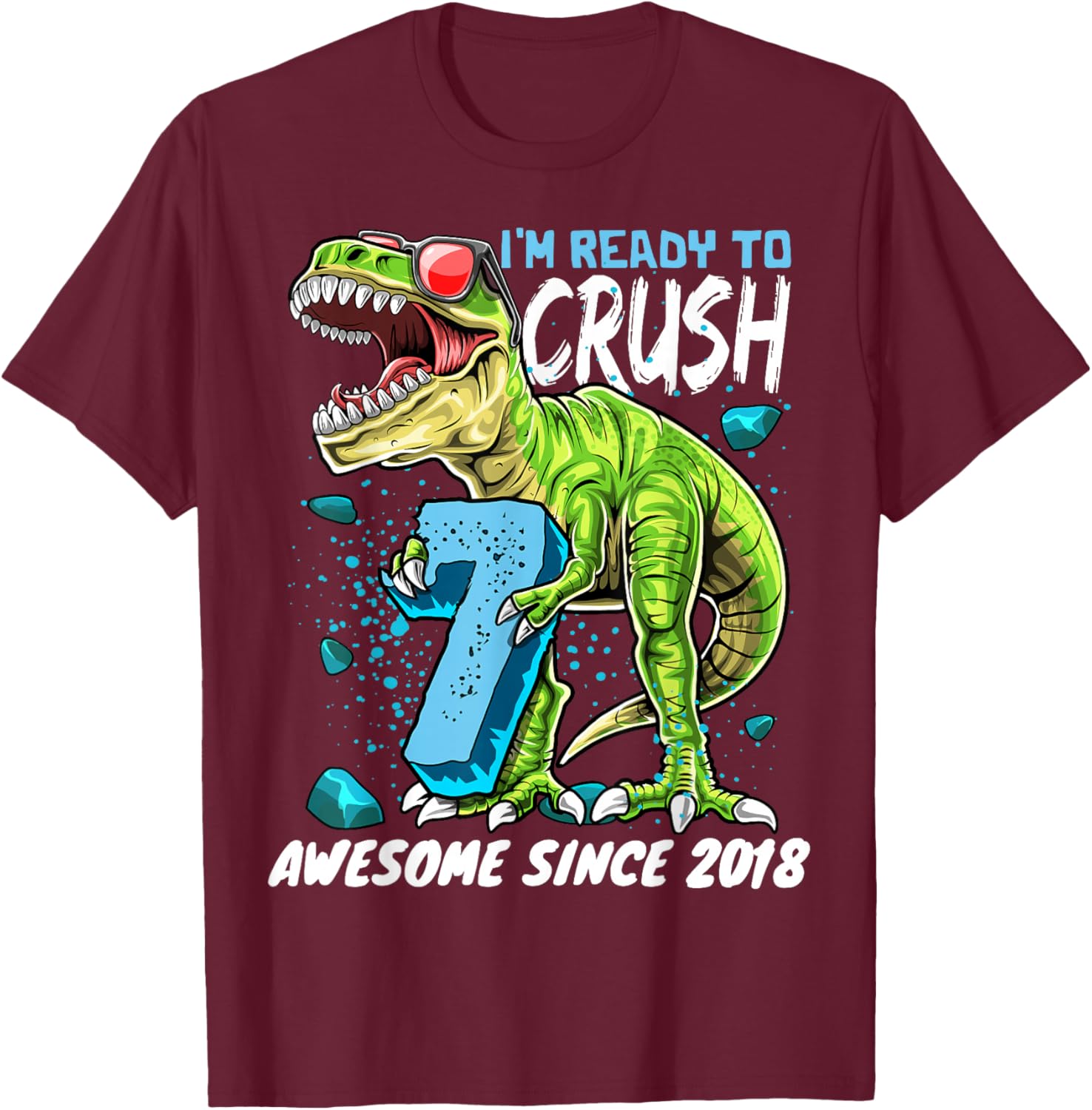 7th Birthday T Rex Dinosaur Party Boys Rawr I'm 7 T-Shirt - T-Shirt | Maroon