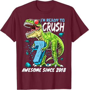 7th Birthday T Rex Dinosaur Party Boys Rawr I'm 7 T-Shirt - T-Shirt | Maroon
