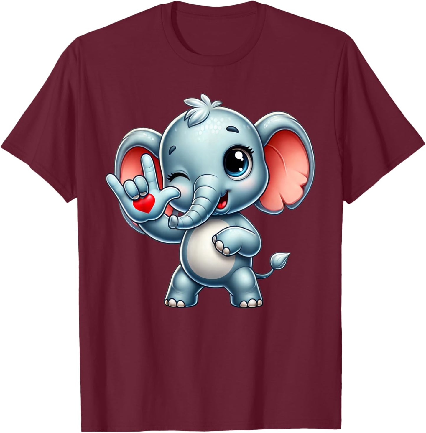 Cute Elephant Animal Love You ASL Hand Sign Language T-Shirt - T-Shirt | Maroon