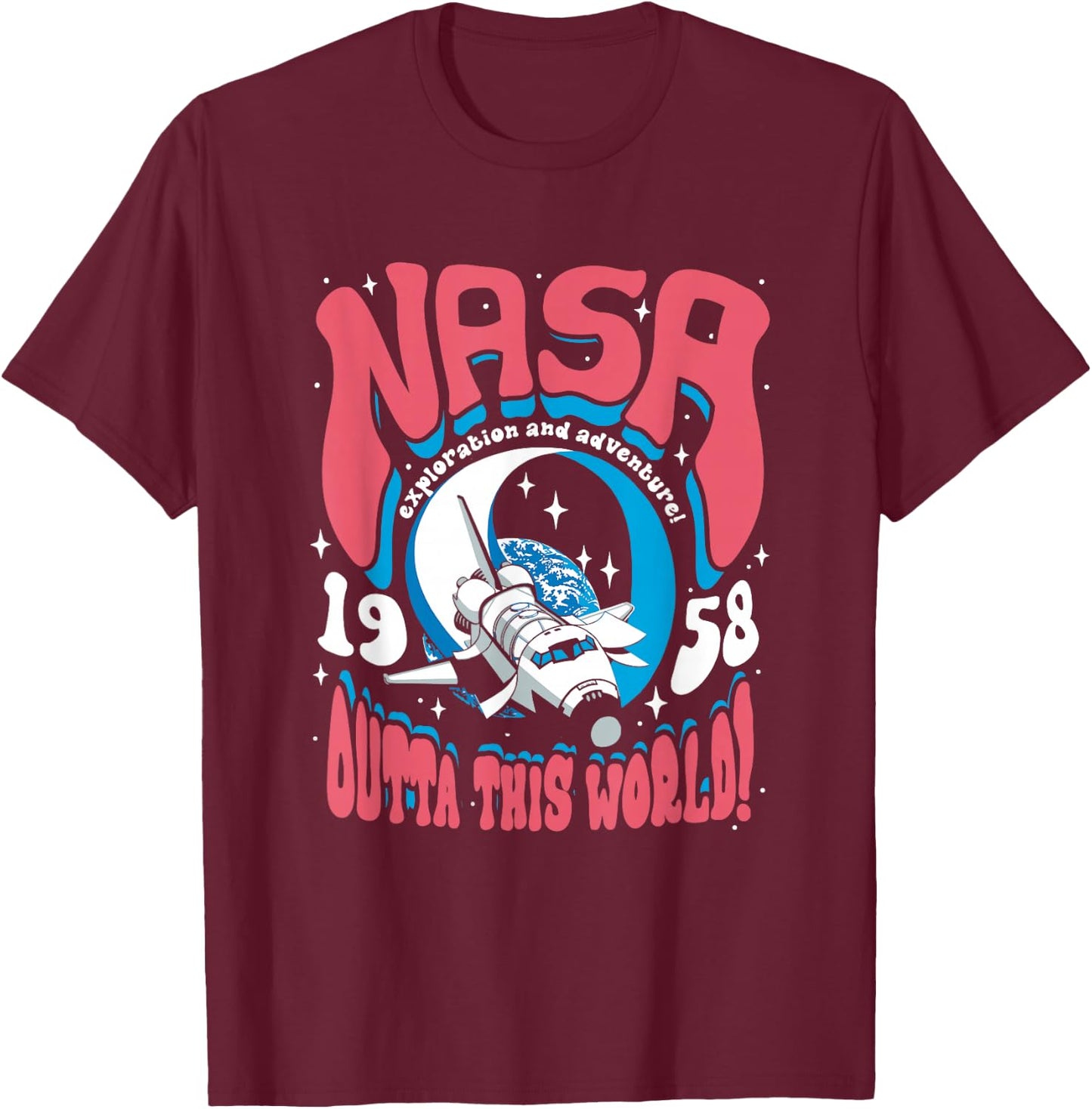 NASA Psychedelic Shuttle Poster Vintage Groovy Space Art T-Shirt - T-Shirt | Maroon