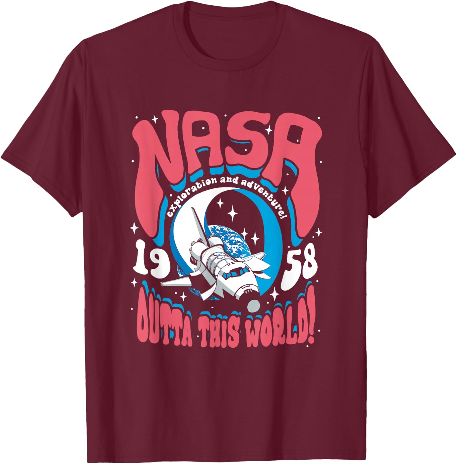 NASA Psychedelic Shuttle Poster Vintage Groovy Space Art T-Shirt - T-Shirt | Maroon