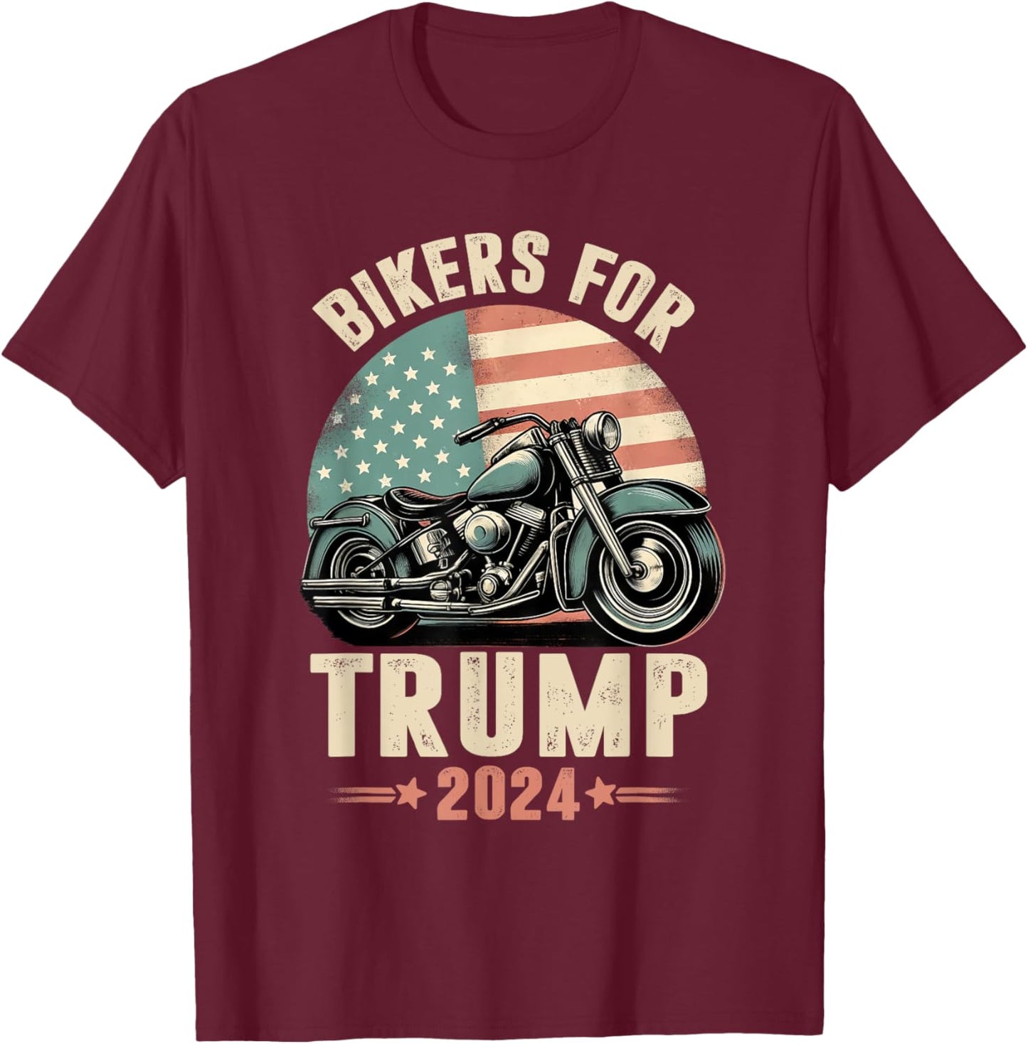 Bikers For Trump 2024 Motorcycle US American Flag Patriotic T-Shirt - T-Shirt | Maroon